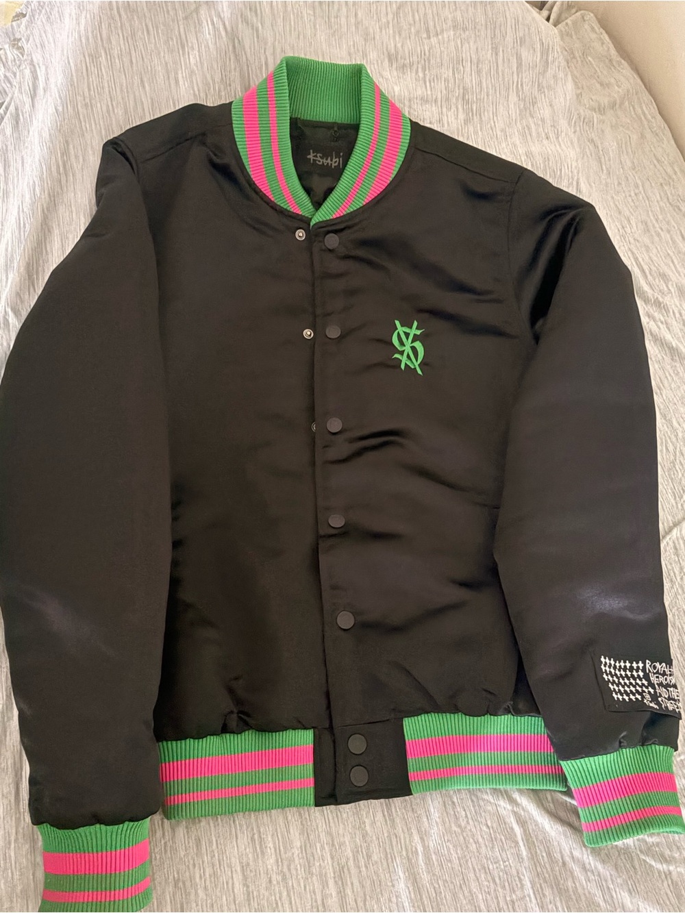 Ksubi Black Bomber Jacket with Green & Pink Trim